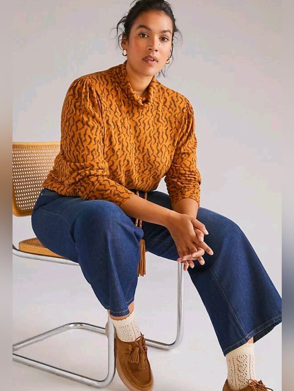 Anthropologie 3X Ochre Animal Print Cowl Neck Tunic Sweater Top Plus Size